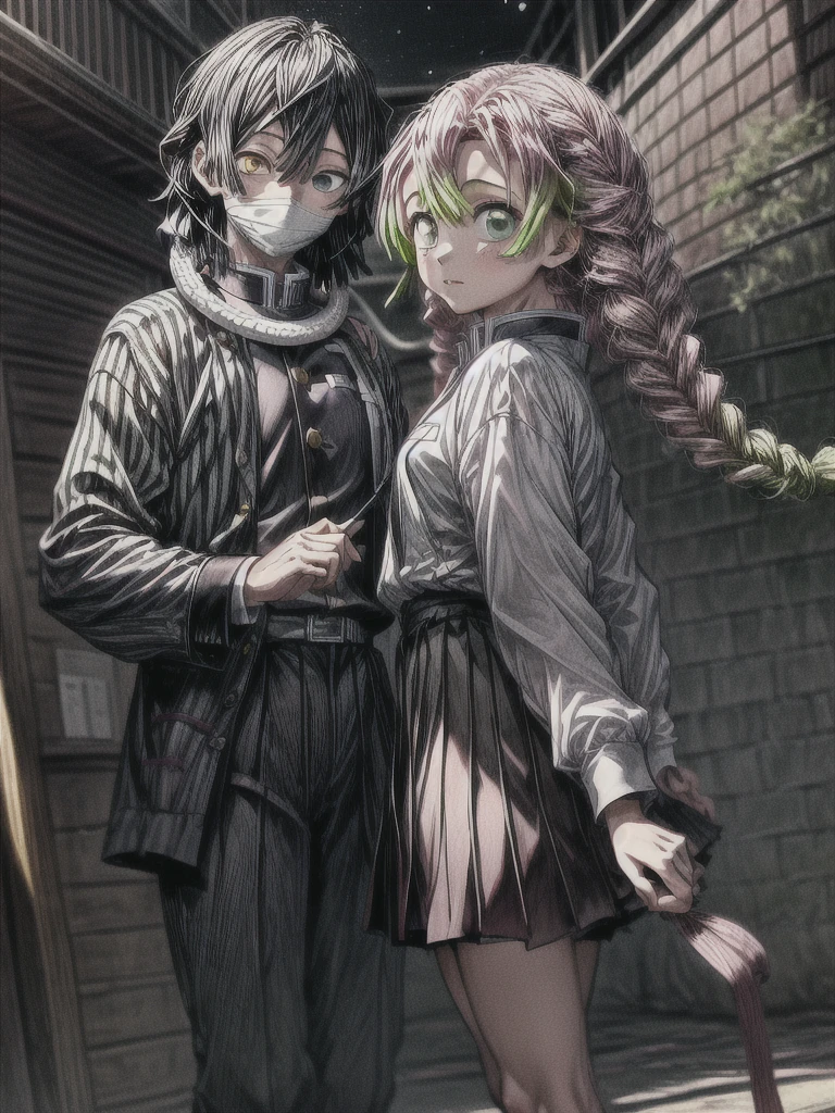 masterpiece, best quality, extremely detailed CG unity 8k wallpaper,1girl mitsuri, The illustration depicts two Demon Slayer: Kimetsu no Yaiba characters. 1girl A girl wearing a pleated skirt and a white haori over her . and 1boy obanai,  A boy wearing a uniform with a vertical striped pattern. He is wearing a mask. White snake, The background features a floral geometric pattern in soft pastel colors, creating a modern, artistic look.