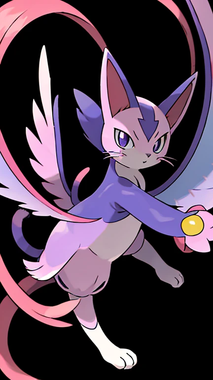 sugimori ken \(style\), psychic-flying pokemon, cat, 2 colored cat's body, Purple eyes, Summer hat, thin tiny wings(masterpiece), high quality, best quality, high-definition, ultra-detailed, large pink hair, extremely large lenght tail, flying