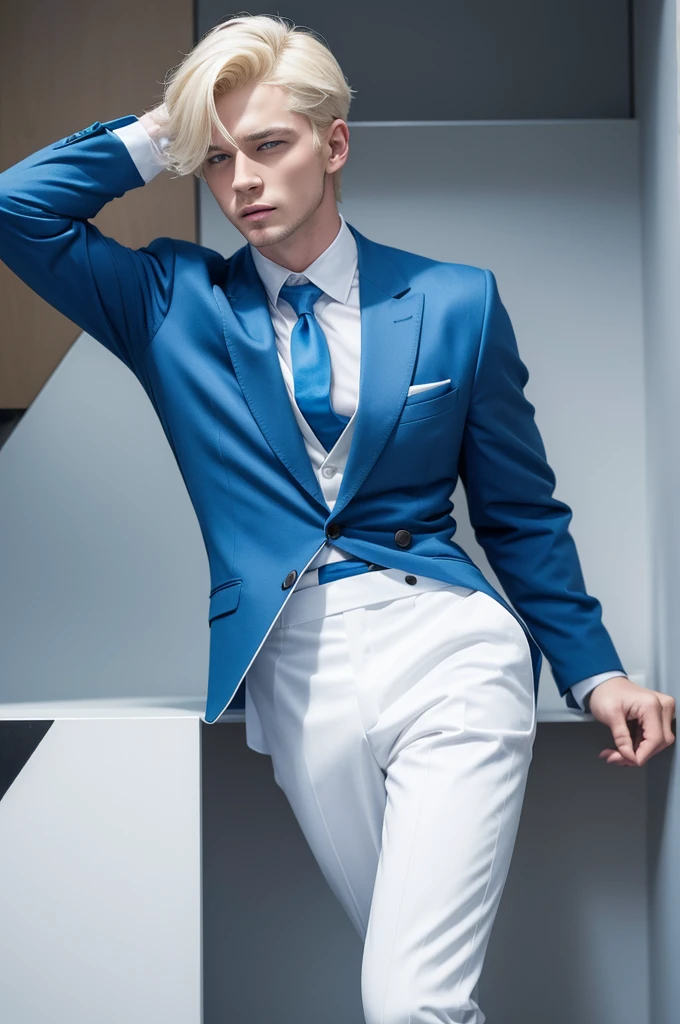 white man with blond hair, blue clothing, with rabbit face and ears, a very handsome and stylish man.