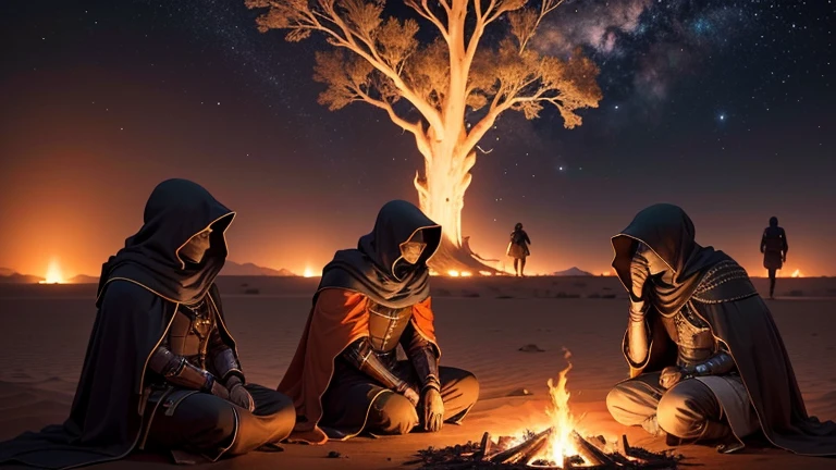 At night, in the desolate expanse of the desert, a mysterious gathering of knights can be seen. They are clad in armor, their identities shrouded by hoods and cloaks that conceal their faces. Their voices linger in the quiet night, echoing as they engage in deep conversation with three companions in the heart of a crackling campfire. The fire casts an orange glow upon their faces, revealing fleeting expressions of camaraderie and fellowship. Surrounding them, a colossal tree stands tall, its silhouette stark against the backdrop of a starlit sky, offering shelter and a sense of community amidst the vast, desert landscape.