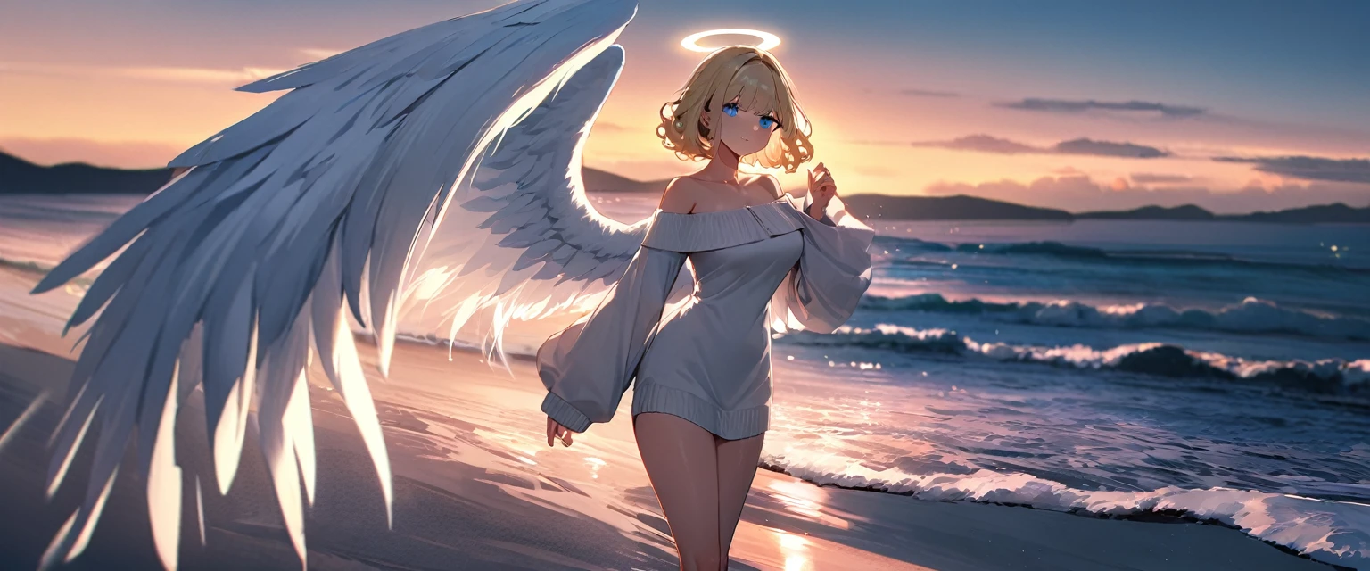 (((One girl))), full body, flying in the sky, bare legs, ((angel, big big white wings:1.2, halo:1.3)), Uriel, ((wavy hair, outward curled hair)), evening, Sunset, sea, beach, ((blond hair, bob cut:1.3)), big breasts, ager, (looking at viewer), oversized clothes, puffy long sleeves, collarbone, ((off-shoulder sweater dress:1.3, Quite thick shoulder straps)), (((sleeves past wrists:1.3))), ((white sweater)), collarbone, head tilt:1.3, (((blue eye))), ((happy smile)), (((anime style))), (best quality, 4K, 8K, highres, masterpiece:1.2, ultra-detailed, ultra-detailed eyes, HDR, uhd, studio lighting, ultra-fine painting, sharp focus, physically-based rendering, extreme detail description, professional, vivid colors, bokeh), ((Highest quality, Best image quality, Ultra-high resolution, Ultra-high resolution, solo, Strong eye highlights)), Depth of written boundary, Natural soft light, attractive, Beautiful Face, Cleanliness, Pure Face, medium chest, Beautiful Face, Perfect Fingers, Perfect hands, Perfect body, Perfect Face, Shine a light into your eyes, Perfect Anatomy