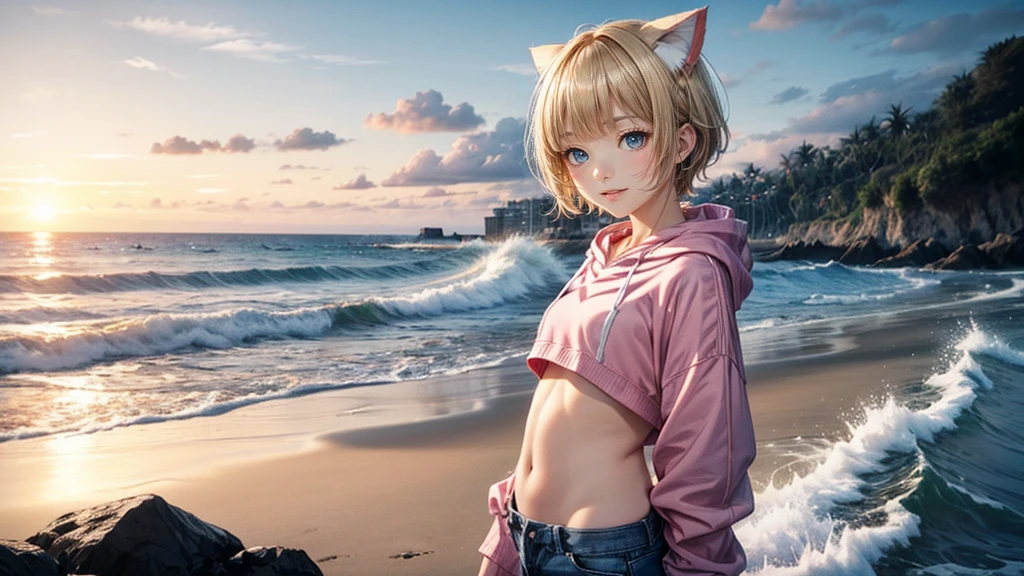 Cat ear、Absurd, Ultra-detailed,Bright colors,(solo),(From the side:1.2),(View your viewers:1.5) (Short blonde hair:1.2),Shiny Hair,(Pink hoodie:1.5),(Black sneakers),Denim shorts,Delicate and beautiful face, blush、(Deep blue eyes:1.4), White skin, (A wistful smile:1.3),Beautiful Clouds,(Standing on the beach, looking to the side with a sad expression:1.3),look at the sea and sunset,At sunset,Waves crashing on the beach,sunlight,Light on the face、Cat ear、Belly button