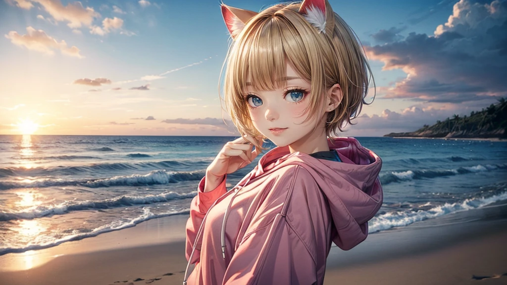 Cat ear、Absurd, Ultra-detailed,Bright colors,(solo),(From the side:1.2),(View your viewers:1.5) (Short blonde hair:1.2),Shiny Hair,(Pink hoodie:1.5),(Black sneakers),Denim shorts,Delicate and beautiful face, blush、(Deep blue eyes:1.4), White skin, (A wistful smile:1.3),Beautiful Clouds,(Standing on the beach, looking to the side with a sad expression:1.3),look at the sea and sunset,At sunset,Waves crashing on the beach,sunlight,Light on the face、Cat ear、Belly button