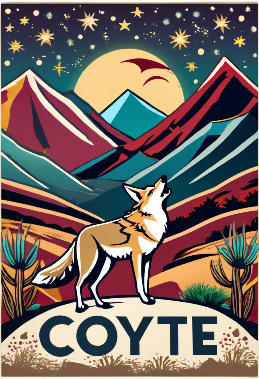 (((coyote howling in a dark desert landscape with lots of plants, stars, and mountains on the wall movie poster, movie poster illustration and the story it represents true work of art:1.3))) intricate details of its fur surrounding, (((rich colors:1.3))), landscape are captured in a stunningly realistic style, use of bold lines and vibrant colors brings, (((wine red and gold plate logo "Coyote Customs" on it.)))