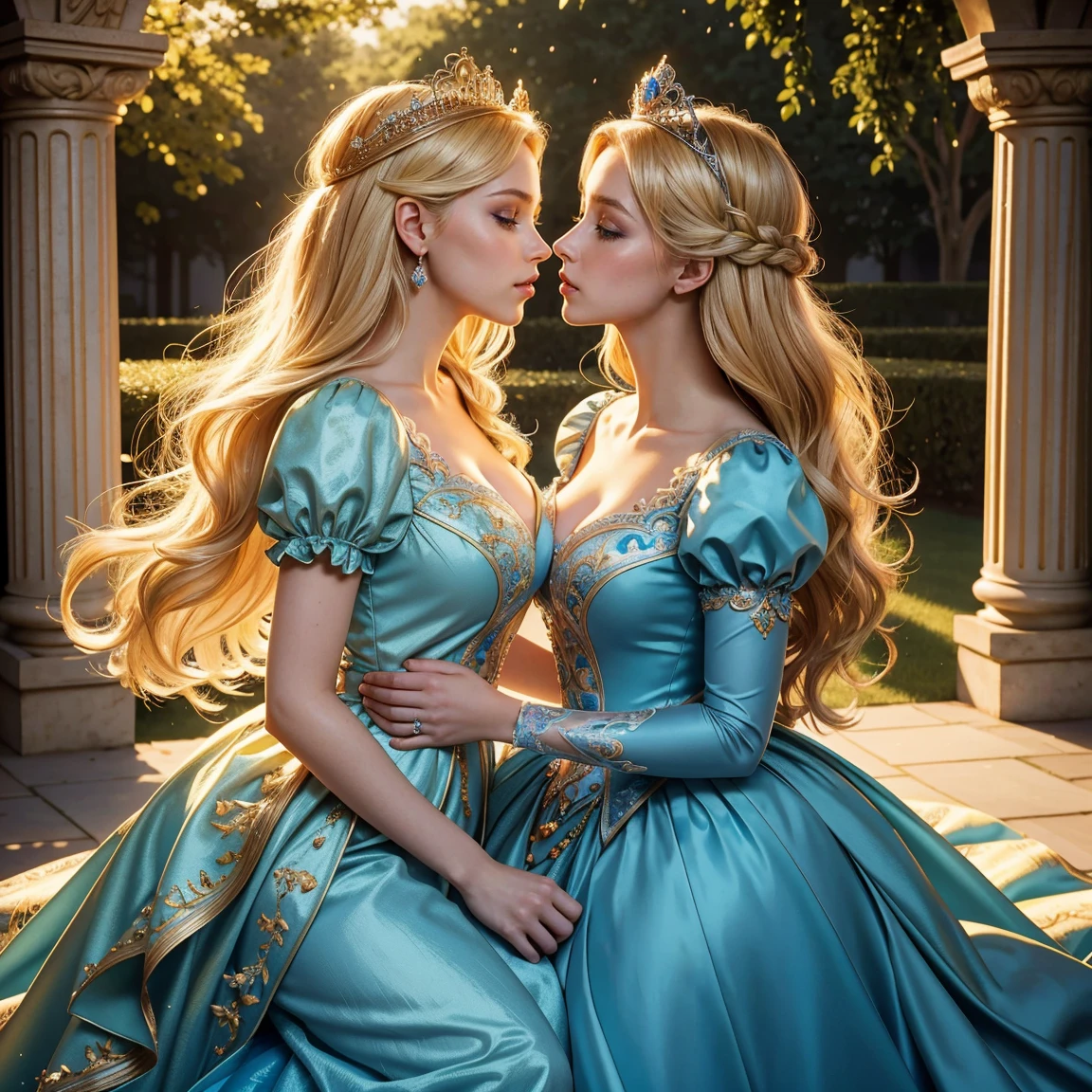 (masterpiece, best quality), highest quality, High resolution, Super detailed, realistic, Full body shot of blonde princess, detailed and beautiful eyes, beautiful detailed lips, highly detailed eyes and face, long eyelashes, princess in blue royal gown, Gorgeous and colorful makeup, Elegant and classy々pose,shining crown and jewels, Royal gardens as background, soft natural light, Bright colors, fine brush strokes, portrait style, Exquisite details in the dress material, gorgeous color palette, glowing skin, Top-notch rendering that captures every detail, enchanting atmosphere, subtle shadows and highlights, perfect anatomy, (two stunning princesses is deeply in love with each other:1.4), (kiss:1.2)