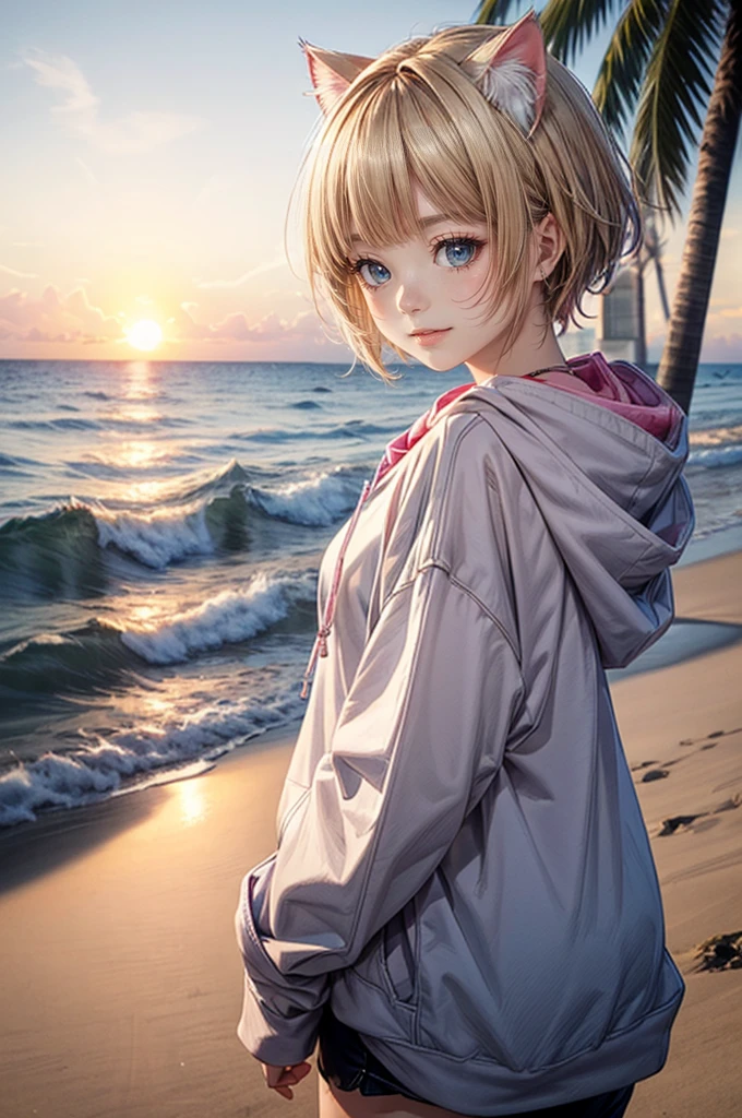 Cat ear、Absurd, Ultra-detailed,Bright colors,(solo),(From the side:1.2),(View your viewers:1.5) (Short blonde hair:1.2),Shiny Hair,(Pink hoodie:1.5),(Black sneakers),Denim shorts,Delicate and beautiful face, blush、(Deep blue eyes:1.4), White skin, (A wistful smile:1.3),Beautiful Clouds,(Standing on the beach, looking to the side with a sad expression:1.3),look at the sea and sunset,At sunset,Waves crashing on the beach,sunlight,Light on the face、Cat ear、Belly button