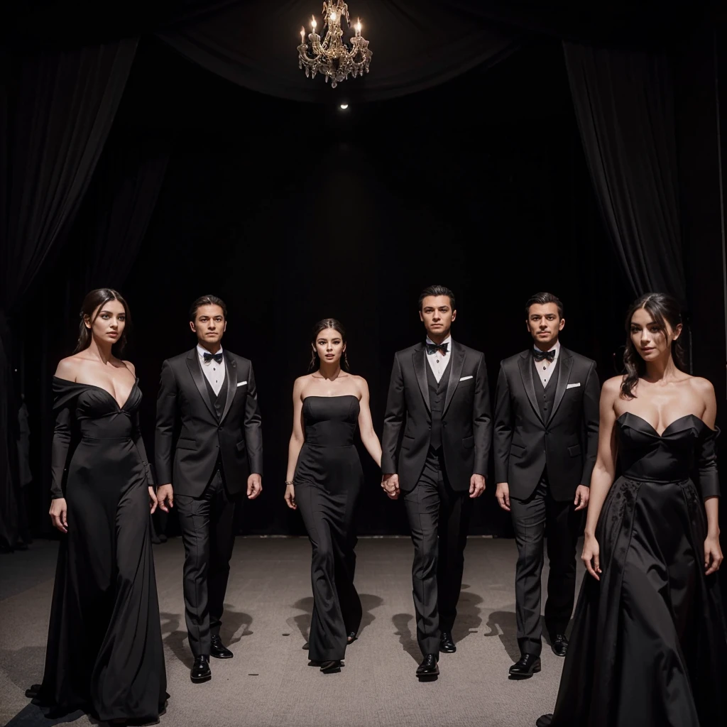 Capture the elegance and sophistication of seven individuals, comprising four men and three women, dressed in black attire. The men don black tuxedos, while the three women adorn themselves in long black gowns. They stand side by side on the grand opera stage, exuding an air of utmost refinement and poise. Ensure the image is a realistic, ultra HD portrayal of this scene.