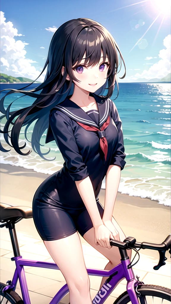 Blue-toned long-haired high school girl、Purple eyes、Sailor suit、Going to school、bicycle、Ride along the sea、smile