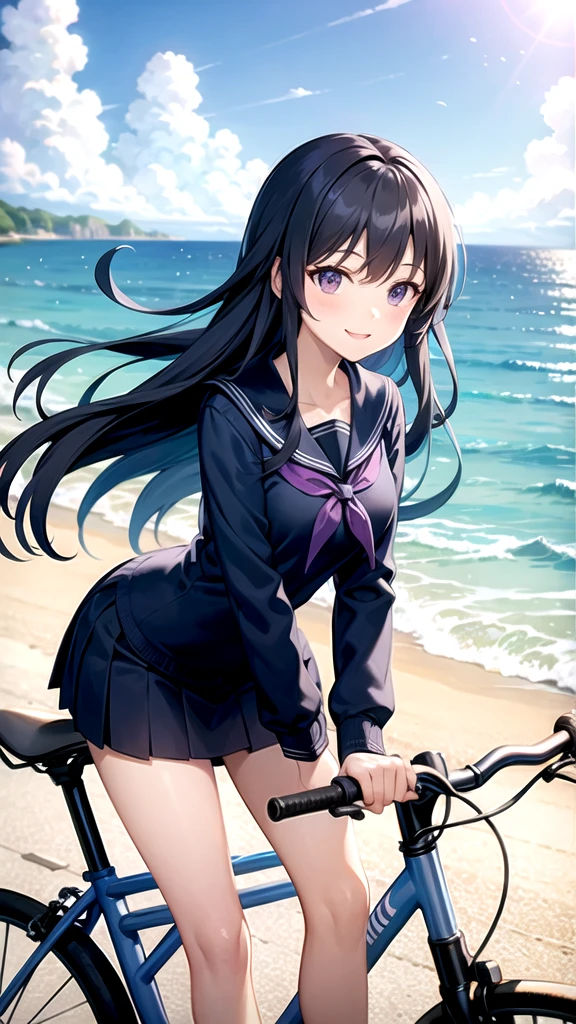 Blue-toned long-haired high school girl、Purple eyes、Sailor suit、Going to school、bicycle、Ride along the sea、smile