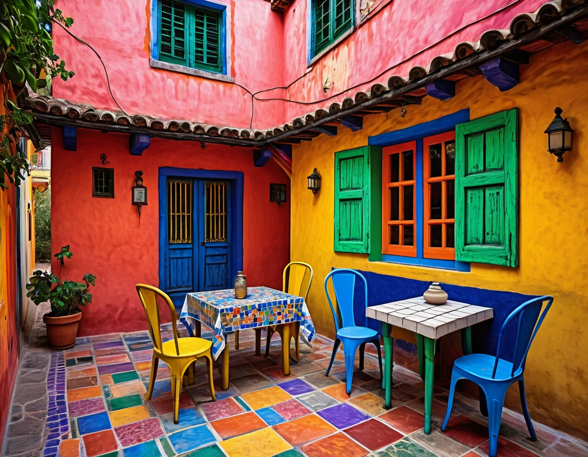 photography of a small rustic house with a table and chairs in front of it, colorful house, colorful tiled architecture, cracks and infiltration stains on the walls, worn paint, wet sidewalk, tlaquepaque, by Hundertwasser, 2 4 mm iso 8 0 0 color, by Miroslava Sviridova, Piet Mondrian, beautifully painted, colorful architecture, colorful building, quaint, colorful caparisons, beautiful colorful tilework, realistic 4k ultra detailed, deep focus, vibrant colors,high saturation,high contrast,very high resolution,HDR,8k, masterpiece, best quality