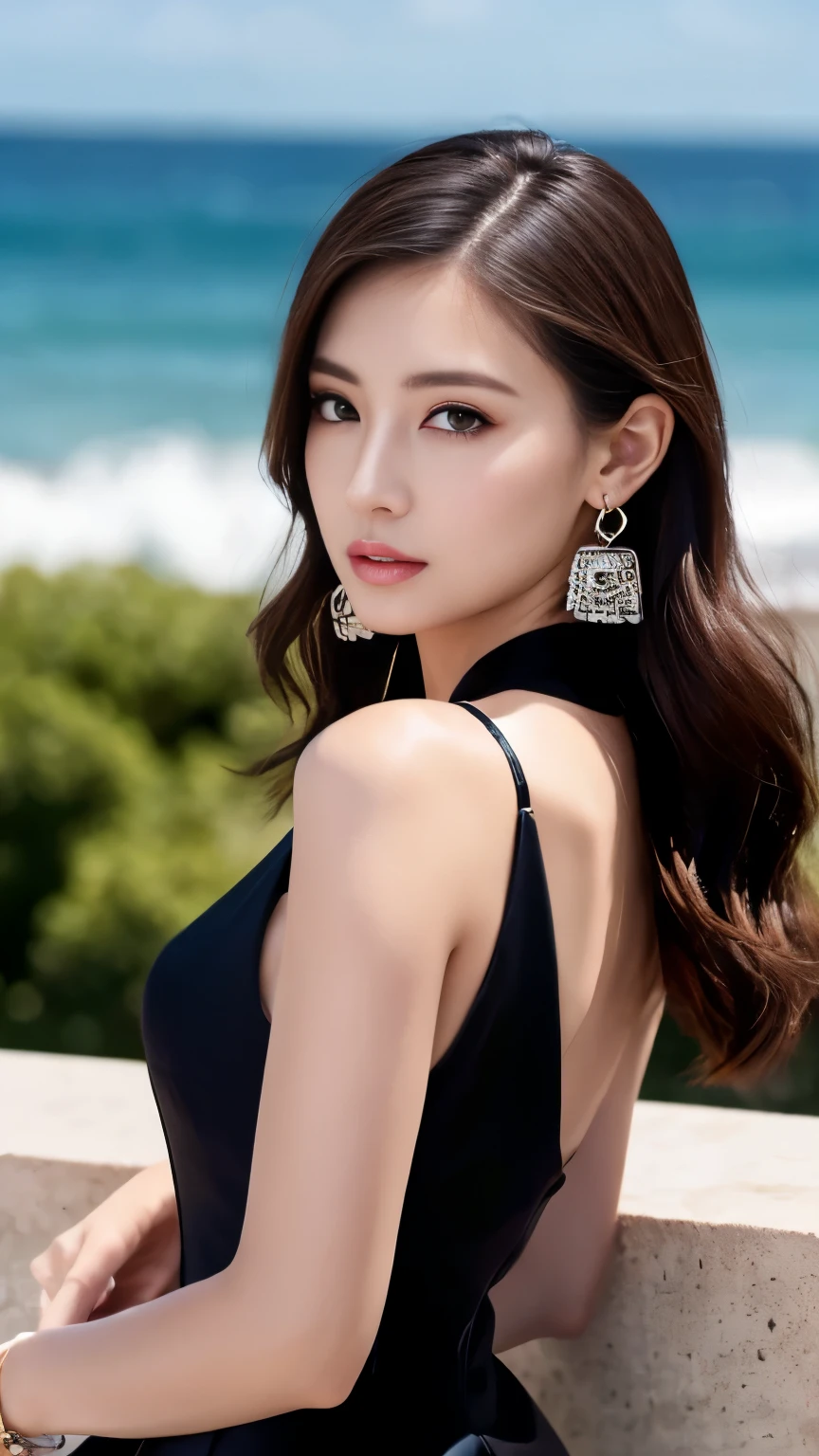 Highest quality,masterpiece,Ultra-high resolution,(Actual:1.4),Original photo,Ultra-high resolution，8K，There are women，Fair skin，Exquisite makeup，Big waves，Black Dress，High heels，Long legs，Bright and beautiful，Flashy makeup using red eyeshadow，big ring earrings，