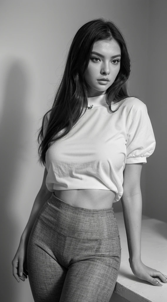16K, Hyper-realistic quality, work of art, 1 girl, Chinese girl, The girl looks like Linda Evangelista in her youth, ((portraite)), Model until anerexic, long straight dark hair, Hair develops, jump high, camisa preta oversized, elbow rolled up sleeves, Gola V, legging preta, stone decorations on the neck, White studio photography, fashion shooting, softshadows, monochrome photography, grain, photographic quality, cinematic quality. white blouse