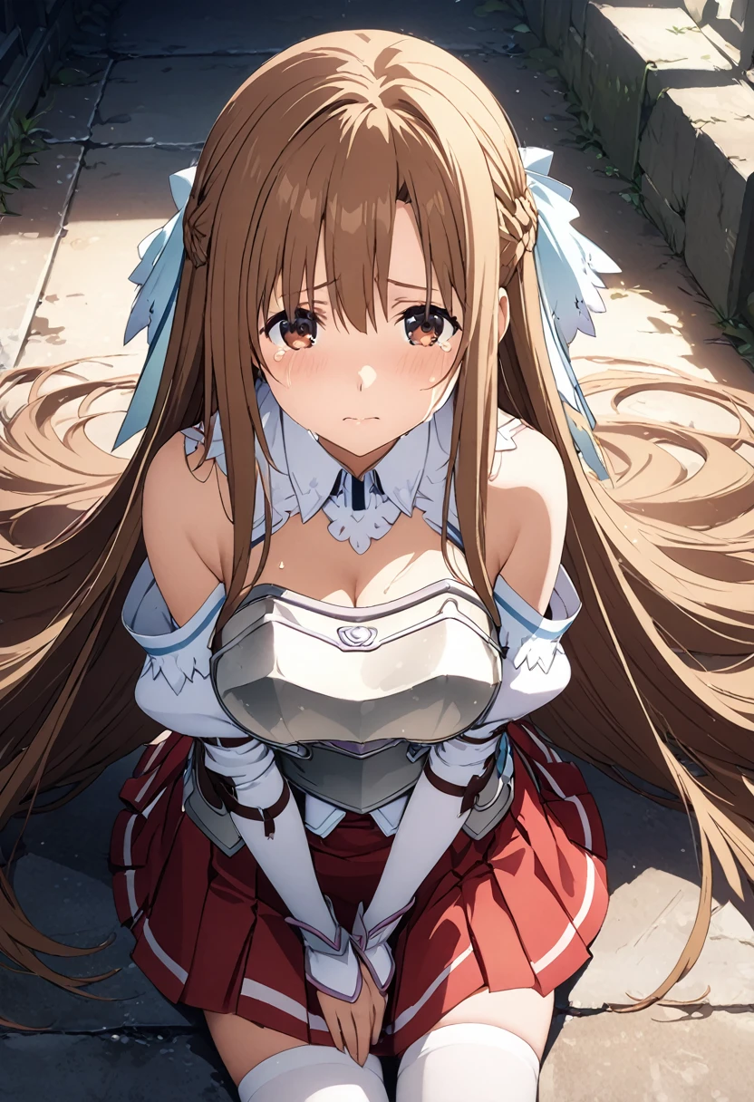 Highest quality、Super detailed、High resolution illustrations、Ultra-high-definition CG、8k size wallpaper、Production Art、Light novel illustrations、asuna yuuki, long hair, brown hair, brown eyes,
skirt, thighhighs, bare shoulders, detached sleeves, armor, white thighhighs, breastplate, red skirt, Crying、So sad、Crying without hesitation、