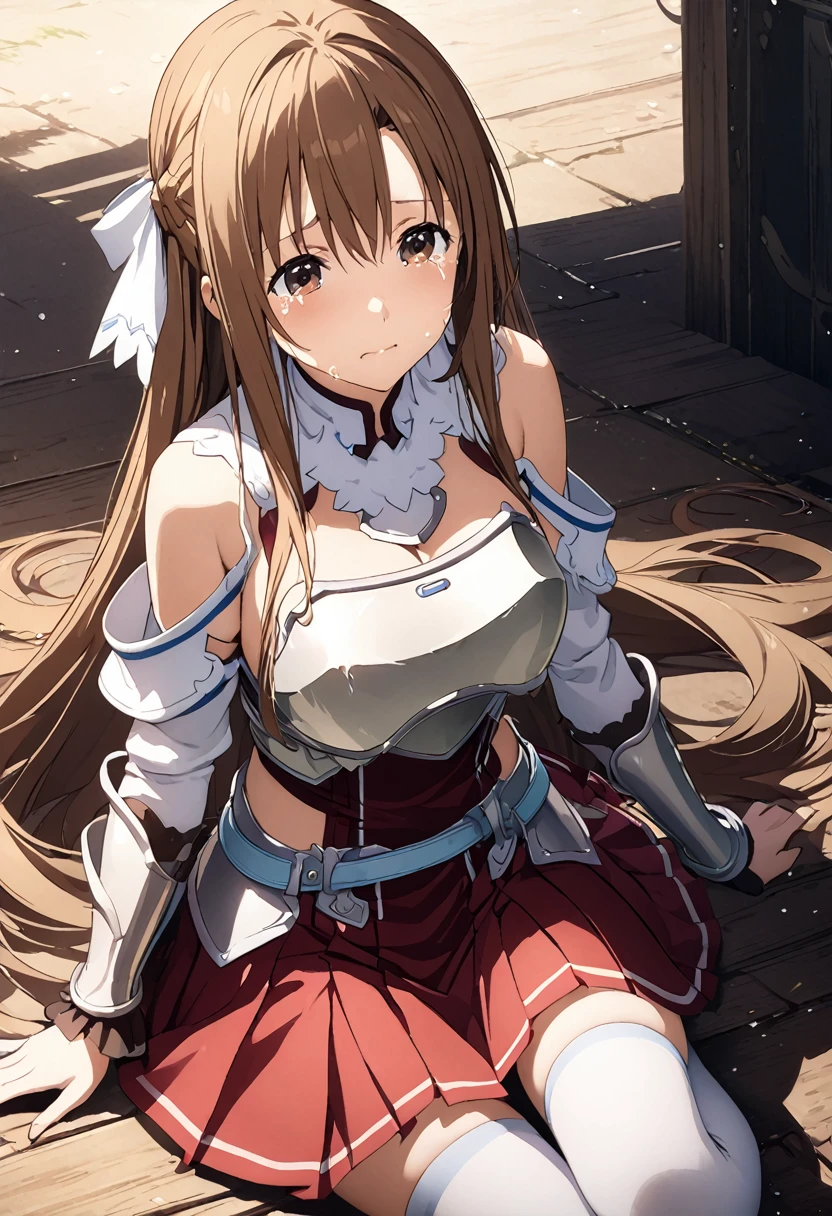 Highest quality、Super detailed、High resolution illustrations、Ultra-high-definition CG、8k size wallpaper、Production Art、Light novel illustrations、asuna yuuki, long hair, brown hair, brown eyes,
skirt, thighhighs, bare shoulders, detached sleeves, armor, white thighhighs, breastplate, red skirt, Crying、So sad、Crying without hesitation、