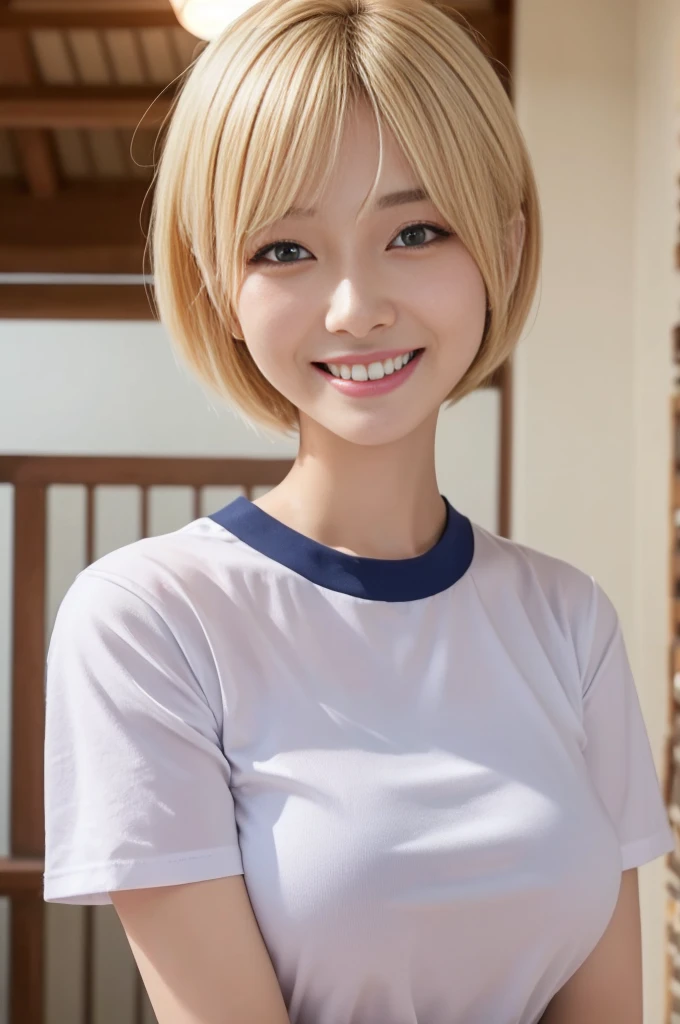 Short sleeve,masterpiece, Best Quality,8K,4k,Natural blonde short hair,japanese beatiful girl,27 years old bcup bust,very nice lady,smile,teeth