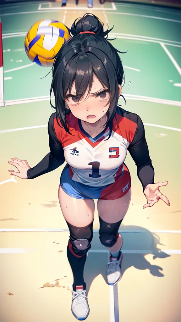 (((masterpiece))), (((Highest quality))), (((Ultra Detailed Art))), (((High resolution))), ((Ultra-thin illustration)), ((The ultimate cuteness)), ((Small breasts、Black Hair、ponytail、Glare、Angry))、Beautiful face in every detail, Shiny Hair, (Improve ), Slender, ((Thin thighs)), (((alone))), (((Female volleyball player))),  (tears、drool), 
 break, (((Holding a dirty, round, 6-inch volleyball in his arms))), Put your hands on your hips, 
break, (((Bloomers))), (Volleyball Uniforms), No sleeve, (Knee pads), (Elbow pads), (bare hands), ((Sweat)), ((Sweatまみれ)), (shortness of breath), On the volleyball court, In high school, Lighting, From above, Looking up((Look at the viewers))