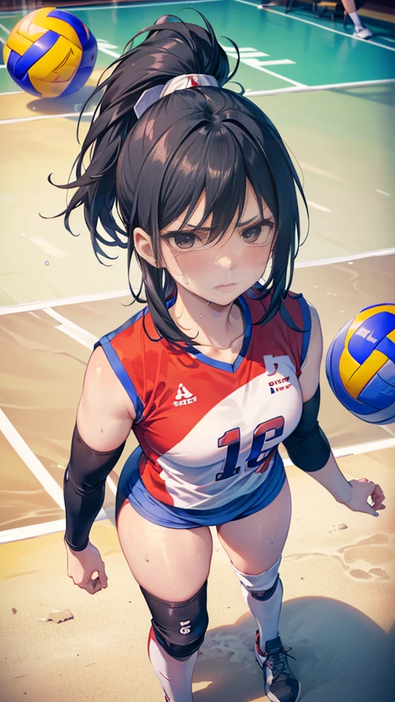 (((masterpiece))), (((Highest quality))), (((Ultra Detailed Art))), (((High resolution))), ((Ultra-thin illustration)), ((The ultimate cuteness)), ((Small breasts、Black Hair、ponytail、Glare、Angry))、Beautiful face in every detail, Shiny Hair, (Improve ), Slender, ((Thin thighs)), (((alone))), (((Female volleyball player))),  (tears、drool), 
 break, (((Holding a dirty, round, 6-inch volleyball in his arms))), Put your hands on your hips, 
break, (((Bloomers))), (Volleyball Uniforms), No sleeve, (Knee pads), (Elbow pads), (bare hands), ((Sweat)), ((Sweatまみれ)), (shortness of breath), On the volleyball court, In high school, Lighting, From above, Looking up((Look at the viewers))