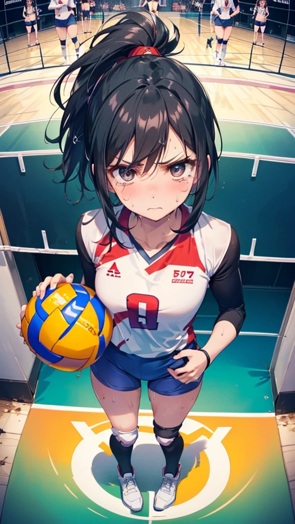 (((masterpiece))), (((Highest quality))), (((Ultra Detailed Art))), (((High resolution))), ((Ultra-thin illustration)), ((The ultimate cuteness)), ((Small breasts、Black Hair、ponytail、Glare、Angry))、Beautiful face in every detail, Shiny Hair, (Improve ), Slender, ((Thin thighs)), (((alone))), (((Female volleyball player))),  (tears、drool), 
 break, (((Holding a dirty, round, 6-inch volleyball in his arms))), Put your hands on your hips, 
break, (((Bloomers))), (Volleyball Uniforms), No sleeve, (Knee pads), (Elbow pads), (bare hands), ((Sweat)), ((Sweatまみれ)), (shortness of breath), On the volleyball court, In high school, Lighting, From above, Looking up((Look at the viewers))