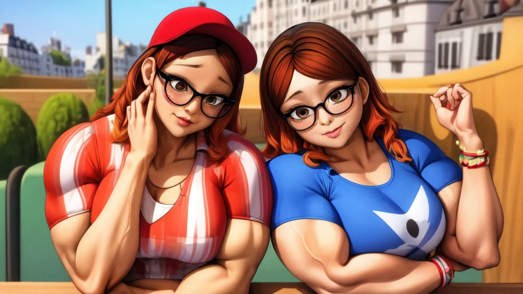 (masterpiece, best quality:1.2), A couple , boy Nino Lahiffe: Brown skin, dark hair, usually seen wearing a red cap, glasses, and casual clothing like a T-shirt and jeans, and a girl Alya Césaire: Brown skin, curly dark brown hair, often wears glasses, and typically seen in stylish, casual outfits. A casual day out with both characters in their everyday attire,Sharing a tender moment, like sitting on a rooftop overlooking Paris..(girl and boy:1), smiling, ((high resolution illustration)), ((extremely detailed)), (couple), Alya, Nino, Nino X Alya, (best quality,4k,8k,highres,masterpiece:1.2), ultra-detailed, realistic:1.37, HDR, studio lighting, extreme detail description, nino wearing a red cap, professional, vibrant colors, bokeh, ((muscular female bodybuilder)), detailed lips, strong embrace, romantic scene, intimate moment, intense passion, athletic bodies, fitness couple, gym background, muscular definition, sculpted muscles, sweat glistening,muscular
