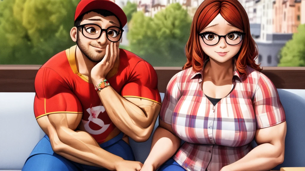 (masterpiece, best quality:1.2), A couple , boy Nino Lahiffe: Brown skin, dark hair, usually seen wearing a red cap, glasses, and casual clothing like a T-shirt and jeans, and a girl Alya Césaire: Brown skin, curly dark brown hair, often wears glasses, and typically seen in stylish, casual outfits. A casual day out with both characters in their everyday attire,Sharing a tender moment, like sitting on a rooftop overlooking Paris..(girl and boy:1), smiling, ((high resolution illustration)), ((extremely detailed)), (couple), Alya, Nino, Nino X Alya, (best quality,4k,8k,highres,masterpiece:1.2), ultra-detailed, realistic:1.37, HDR, studio lighting, extreme detail description, nino wearing a red cap, professional, vibrant colors, bokeh, ((muscular female bodybuilder)), detailed lips, strong embrace, romantic scene, intimate moment, intense passion, athletic bodies, fitness couple, gym background, muscular definition, sculpted muscles, sweat glistening,muscular