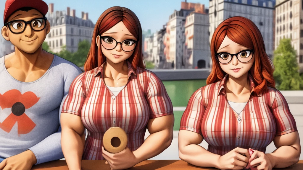 (masterpiece, best quality:1.2), A couple , boy Nino Lahiffe: Brown skin, dark hair, usually seen wearing a red cap, glasses, and casual clothing like a T-shirt and jeans, and a girl Alya Césaire: Brown skin, curly dark brown hair, often wears glasses, and typically seen in stylish, casual outfits. A casual day out with both characters in their everyday attire,Sharing a tender moment, like sitting on a rooftop overlooking Paris..(girl and boy:1), smiling, ((high resolution illustration)), ((extremely detailed)), (couple), Alya, Nino, Nino X Alya, (best quality,4k,8k,highres,masterpiece:1.2), ultra-detailed, realistic:1.37, HDR, studio lighting, extreme detail description, nino wearing a red cap, professional, vibrant colors, bokeh, ((muscular female bodybuilder)), detailed lips, strong embrace, romantic scene, intimate moment, intense passion, athletic bodies, fitness couple, gym background, muscular definition, sculpted muscles, sweat glistening,muscular