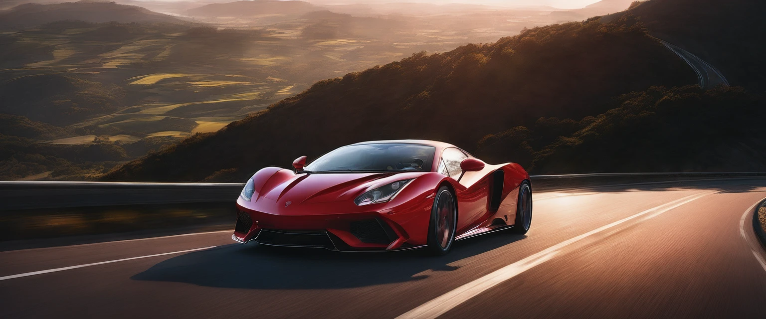 The camera tracks alongside the red sports car, capturing its sleek profile as it speeds through the highway. The evening light casts long shadows and a rich, golden hue over the landscape, creating a cinematic and thrilling atmosphere against the backdrop of a clear sky.