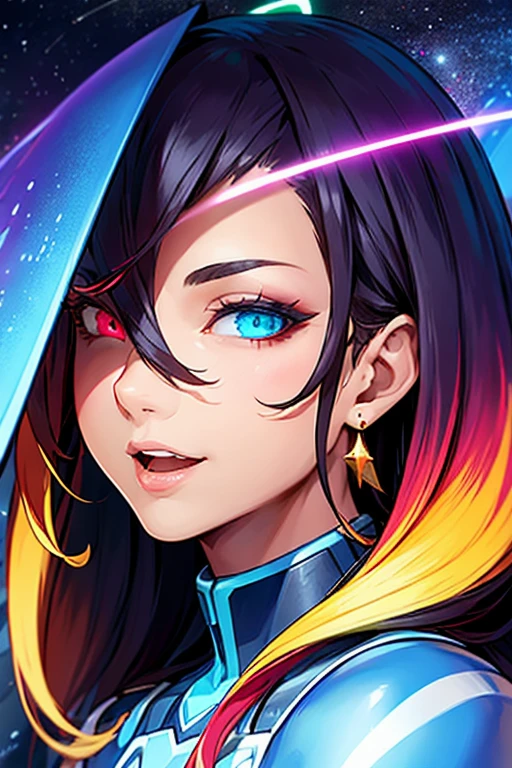 masterpiece, best quality, ultra-detailed, glistening shiny, glowing light, ray tracing, HDR, deph of field, (perfect face, detailed face, detailed eyes,perfect hands,perfect fingers), 8k,HD,ultra realistic face,ray tracing,perfect lighting,best quality, ultra-detailed, shiny eyes, (looking at viewer,open mouth smile:1.1), ((1girl)), (mature female:1.4), thicc,
beautiful hd background, hyper detail, dark atmosphere, upper body, 1girl, (multicolored hair:1.3), glowing eyes, (heterochromia:1.4), face focus, dynamic angle, eyes focus, (rainbow eyes:1.2), black halo, earrings, lights, limited palette, shadows, very long hair, bangs, space, dark star, cosmic dust, dark skin, large breasts, golden strikes, red sparkles, blue lightning, cosmic background,