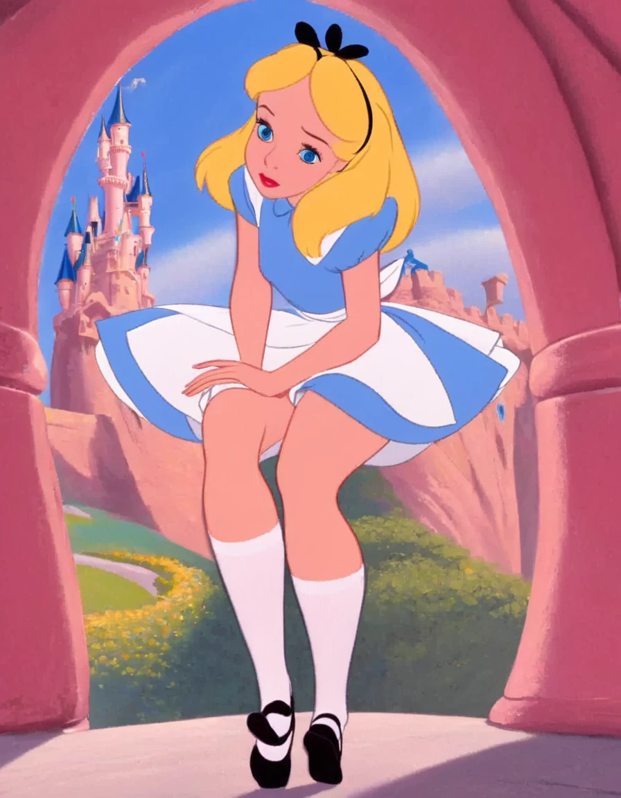 wxaliwonlan, 1girl, solo, long hair, blue eyes, blonde hair, alice, disney, masterpiece, best quality, upskirt view, full view, white panties, windy upskirt, looking down, legs together, standing, front view, view from below, ankle socks