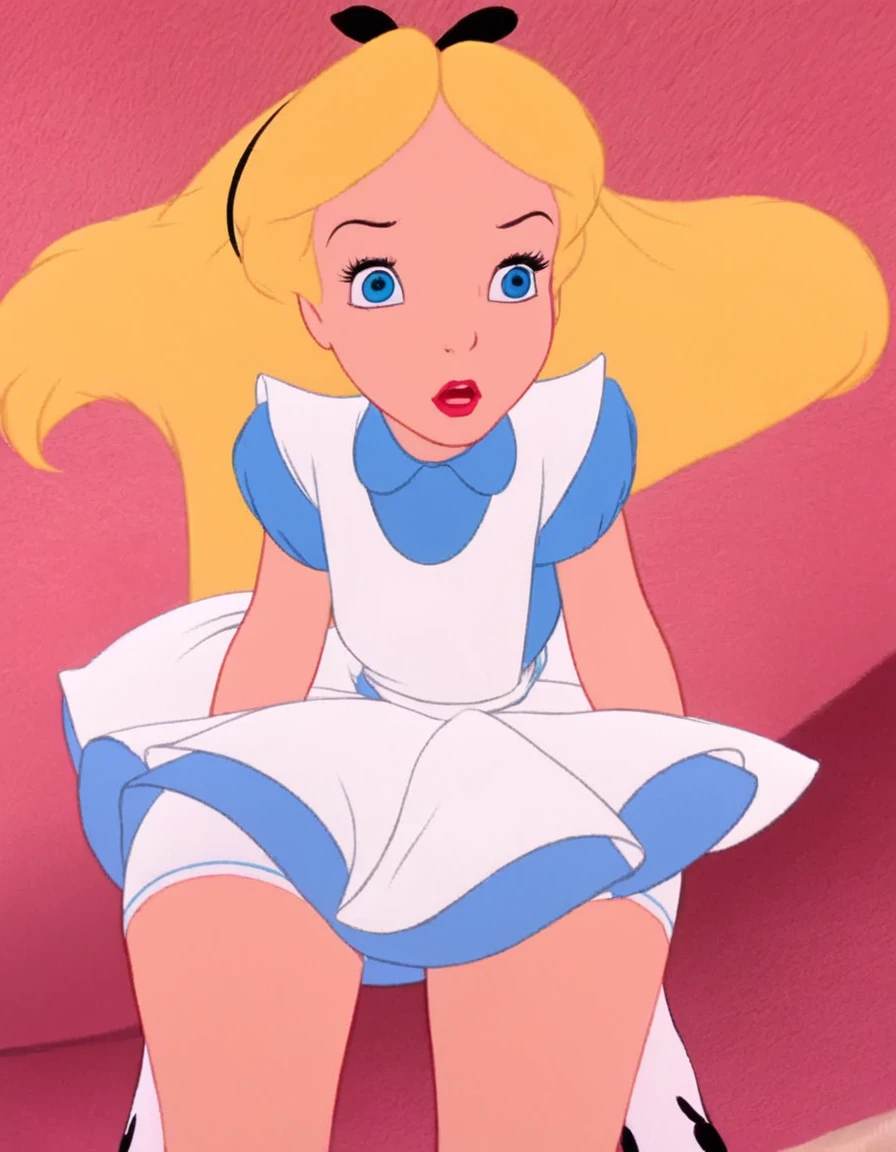 wxaliwonlan, 1girl, solo, long hair, blue eyes, blonde hair, alice, disney, masterpiece, best quality, upskirt view, full view, white panties, windy upskirt, looking down, legs together, standing, front view, view from below, ankle socks