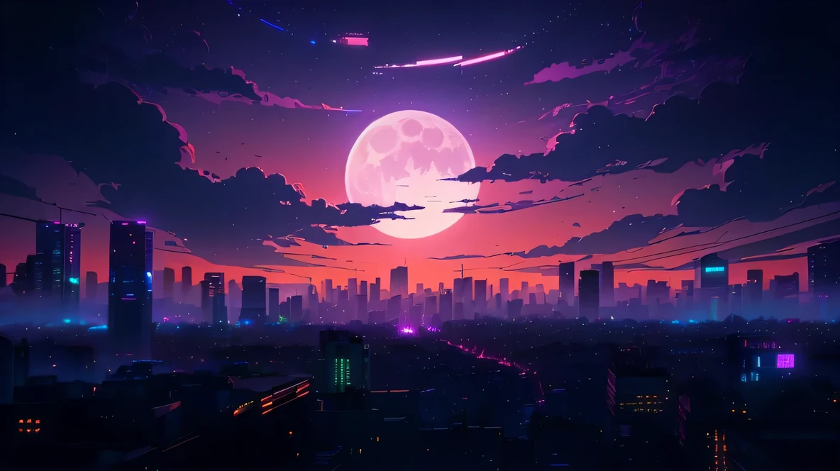 a brightly lit cityscape with a full moon in the sky, anime wallpaper 4k, synthwave city, futuristic cyberpunk tokyo night, anime style 4 k, night cyberpunk city, by Alena Aenami, night city in the background, view of picnic spot in foreground, stars