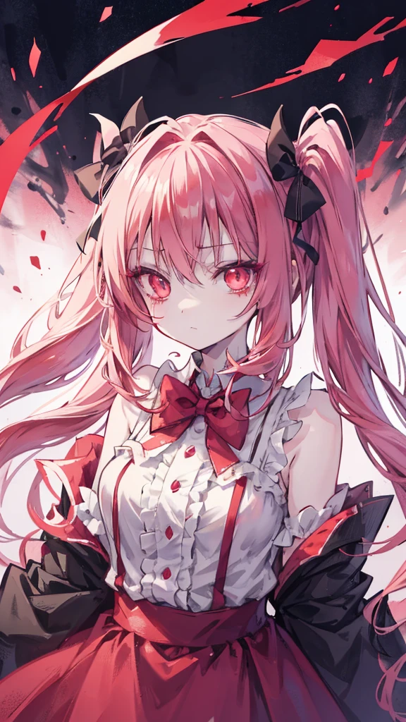 Anime girl with blood in her eyes and a bow tie, gapmoe Yandere, gapmoe Yandere grimdark, With eyes that glow red, Yandere, Red eyes glow, My eyes are completely red, Devil Anime Girl, portrait gapmoe Yandere grimdark, My eyes are completely red no pupils, With red eyes, Bloody Eyes, Yandere intricate,