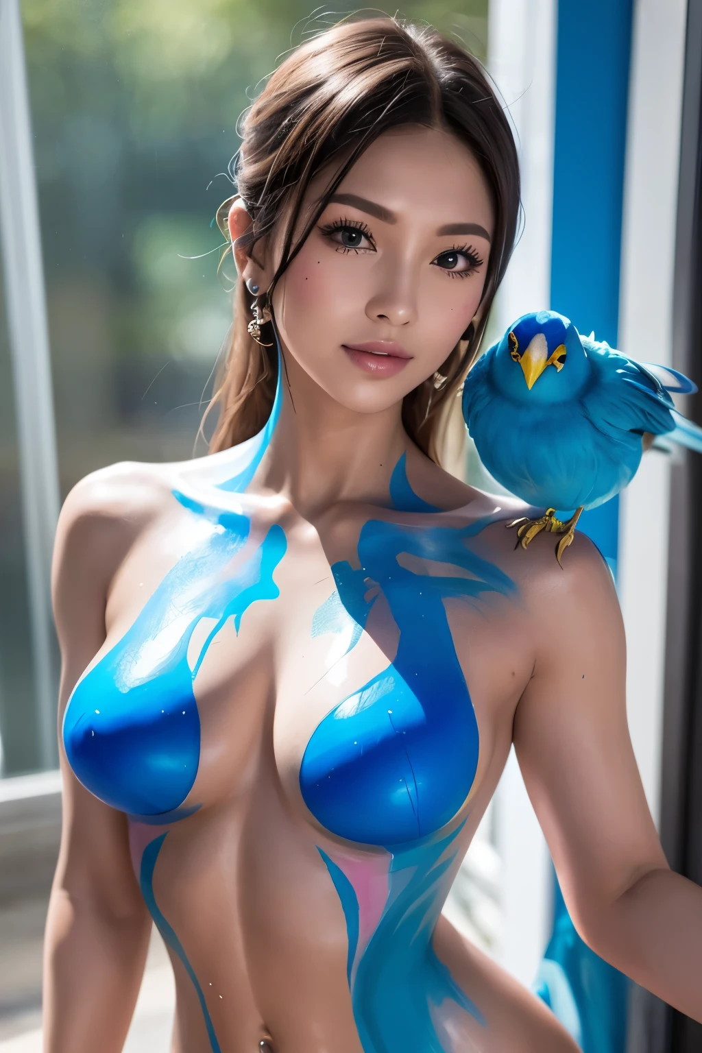  with blue Body Paint and a bird on her chest, professional Body Paint, Body Painting, fresh rainbow Body Painting, Body Paint, fullBody Painting, blue Body Paint, full Body Painting, Body Paint, Full Body Art, spraypainted Body Paint graffiti, Full Body Art, Full Body Art, airbrush, カラーairbrush, Painted look and invisible undergarments