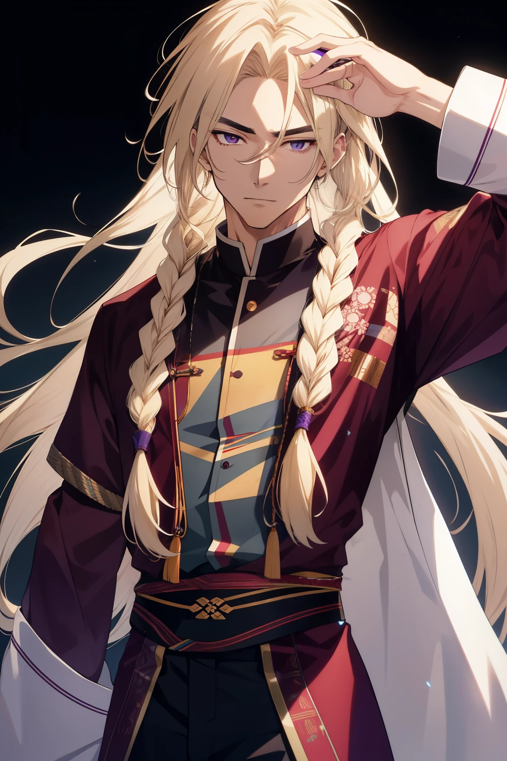 In the realm of Tokyo Revengers, I present to you a new character, codename "Kaze" (Wind in Japanese):
Kaze is a towering figure of a young man, boasting a muscular, yet lean physique. His skin radiates an captivating white and purple hue, a unique trait that sets him apart from the crowd. His hair is a stunning contrast, a blend of long, flowing blonde and black locks, meticulously braided into two high-reaching plaits. The ends of his hair sway gently, adding an ethereal touch to his overall appearance.
Kaze's eyebrows are also a striking feature, equally platinum blonde,