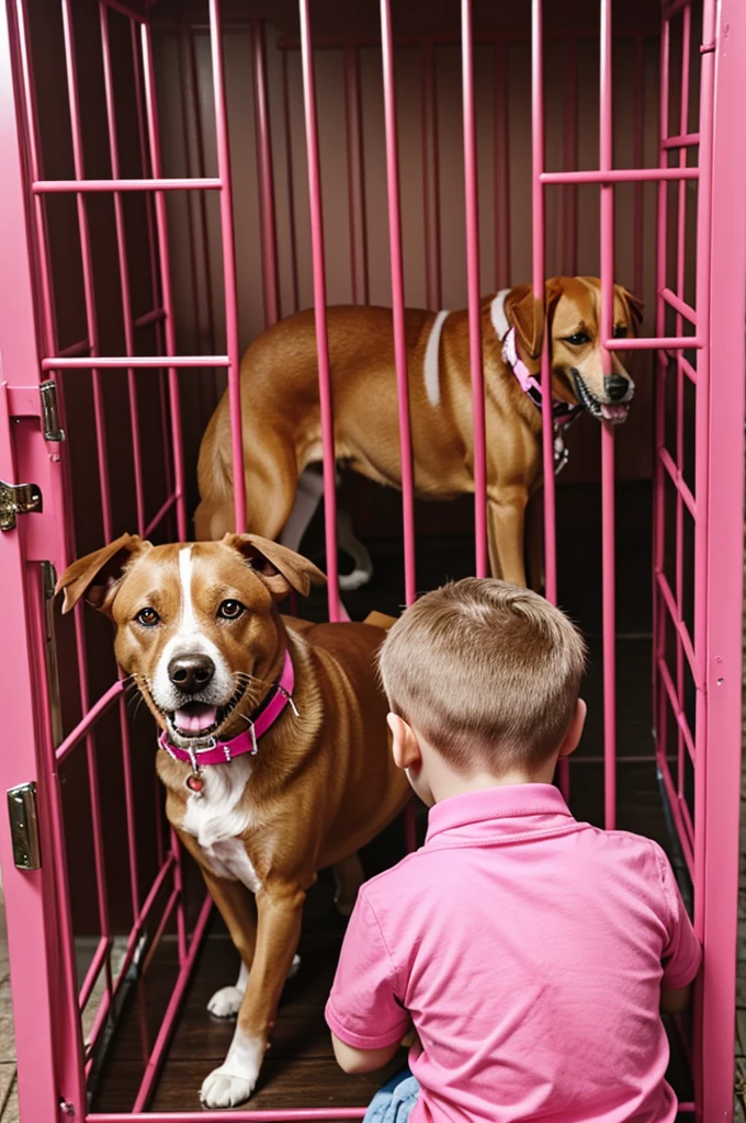 Sissy boy with a pink dog collar in a dog cage, watching a real dog fuck a girl