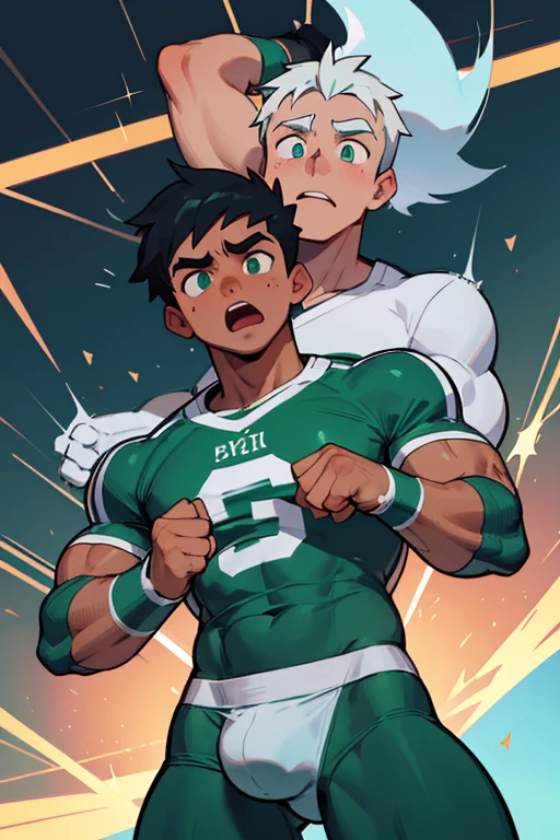 Danny Phantom, ghost, hypnosis, jock, conversion, high school, hyper muscles, jockstrap, bro, meathead, hypnotized, brainwashed, brainwashing, big dumb jock, football. Danny Fenton and Tucker Foaley are hypnotized by Dash to become dumb football jock bros giving a nerd a wedgie. Glowing green eyes. Hyper crotch bulge. Massive bulging crotch. Big balls. Big biceps. Big triceps. Big traps. Broad shoulders. Big meaty pecs. Big thighs. Thick glutes. Football team assimilation. Deep dull voice. glazed expression. dumber and dumber. Open mouth. Clothes turning into a football uniform.