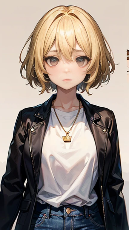 Nishizumi Shiho,Darjeeling,where,

One Woman,

(Blonde:1.5),
(Short Hair,)Asymmetrical Hair,Perm,Gradient Hair:Gold-black,

Late 30s,Natural skin texture,Narrow waist,White skin,tall,
Japanese Girl,Gal,
light brown eyes,Slightly larger breasts,

(((Black jacket))),
((Black Jeans Pants)),
Golden Necklace,


((ID photo:1.8,Plain background:1.6,Capture your subject from the front)),
expression(Straight face),

Natural depiction,
Beautiful depiction,
Shiny eyes,
Healthy Body,
Natural hairstyle,
Natural body contours,
Natural facial contours,
(Five fingers)Absolute depiction,Symmetrical fingers,
Two arms,
Two legs,
Sharp eyelid depiction,
Symmetrical eyes,Symmetrical eyes,
Keep the subject in the center,Expand the upper body,
Beautiful image quality,
Delicate shades,
4K,Very detailed,
Delicate light adjustment,
Delicate contour drawing,