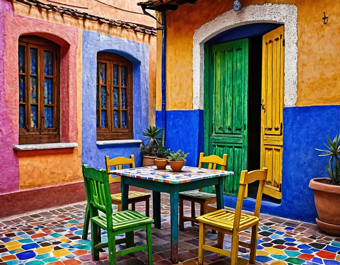 photography of a small rustic house with a table and chairs in front of it, colorful house, colorful tiled architecture, cracks and infiltration stains on the walls, worn paint, wet sidewalk, tlaquepaque, by Hundertwasser, 2 4 mm iso 8 0 0 color, by Miroslava Sviridova, Piet Mondrian, beautifully painted, colorful architecture, colorful building, quaint, colorful caparisons, beautiful colorful tilework, realistic 4k ultra detailed, deep focus, vibrant colors,high saturation,high contrast,very high resolution,HDR,8k, masterpiece, best quality