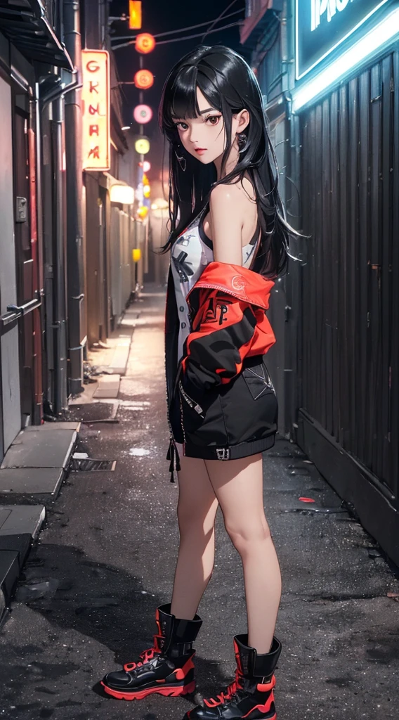 (((8k wallpaper of extremely detailed CG unit:1.2, masterpiece, hight resolution:1.2, top-quality:1.2, masutepiece))), ((a very beautiful woman, Hands in pockets:1.8, Street fashion:1.2, wearing a colorful jacket:1.2, Wearing boots)), ((extra detailed face, Highly detailed black eyes, extra detailed body, Top quality real texture skins)), (color hair:1.2, de pele branca, Small, exposed shoulder), ((Empty alley, Mileland. natta, Neon Street)), (high-angle, a closeup, Fisheye), hyper realisitic, digitial painting,