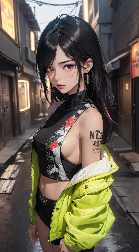 (((8k wallpaper of extremely detailed CG unit:1.2, ​masterpiece, hight resolution:1.2, top-quality:1.2, masutepiece))), ((a very beautiful woman, Hands in pockets:1.8, Street fashion:1.2, wearing a colorful jacket:1.2, Wearing boots)), ((extra detailed face, Highly detailed black eyes, extra detailed body, Top quality real texture skins)), (color hair:1.2, de pele branca, Small, exposed shoulder), ((Empty alley, Mileland. natta, Neon Street)), (high-angle, a closeup, Fisheye), hyper realisitic, digitial painting,