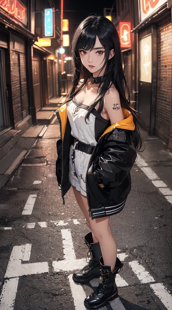 (((8k wallpaper of extremely detailed CG unit:1.2, masterpiece, hight resolution:1.2, top-quality:1.2, masutepiece))), ((a very beautiful woman, Hands in pockets:1.8, Street fashion:1.2, wearing a colorful jacket:1.2, Wearing boots)), ((extra detailed face, Highly detailed black eyes, extra detailed body, Top quality real texture skins)), (color hair:1.2, de pele branca, Small, exposed shoulder), ((Empty alley, Mileland. natta, Neon Street)), (high-angle, a closeup, Fisheye), hyper realisitic, digitial painting,