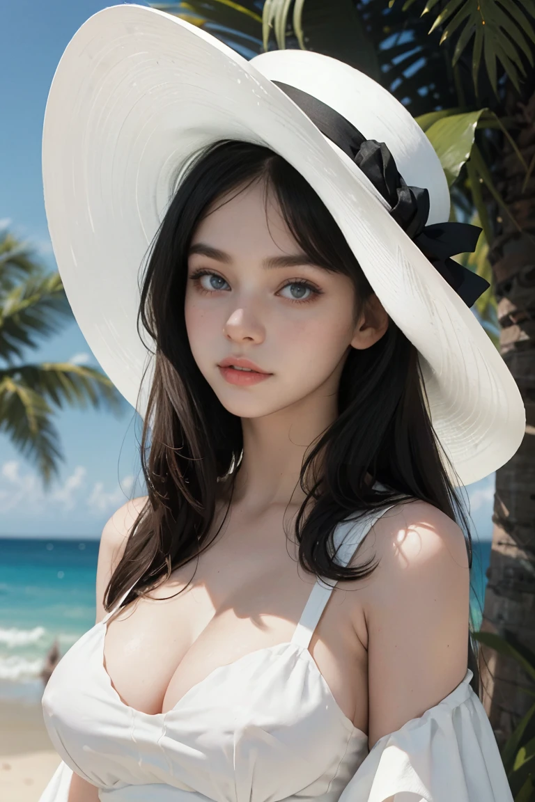 (best quality, masterpiece, perfect face) black hair, 18 years old pale girl, big bust, white sundress, H-cup, cleavage, big white hat
