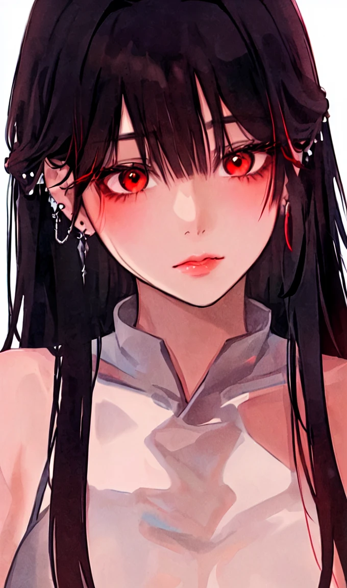 1girl, portrait, earrings, solo,lips, female focus, red eyes, looking at viewer, black hair, long hair, closed mouth