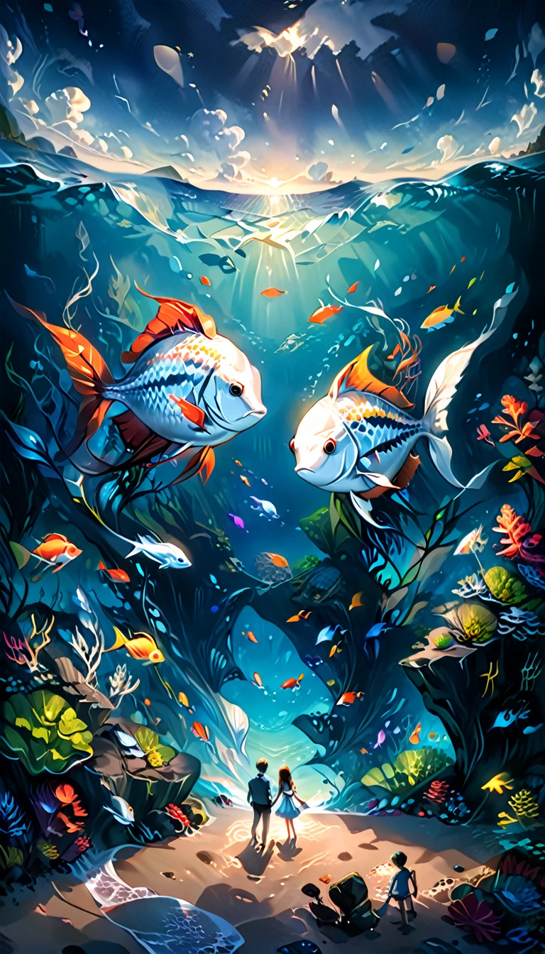 A cute fish with long and slender body silver shiny scales couple on a date in the dark depths of the sea, deep ocean life, fantasy, children's storybook illustration,vibrant colors,detailed lighting, dramatic shadows, whimsical,highly detailed,digital art,concept art,4k,8k,photorealistic,masterpiece,ultra-detailed