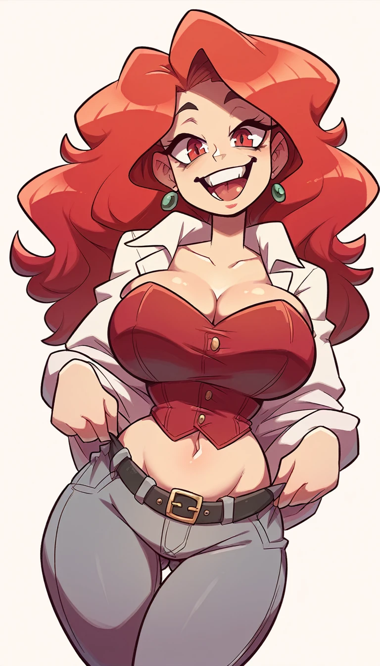 In anime, a tall woman, huge, happy, big breast, sexy, beauty, tenderness, wavy red hair, her light red eye, big black eyelash, dresses in a bright red corset top, shows her navel, and gray pants, wearing a black belt, and a brown boot.
