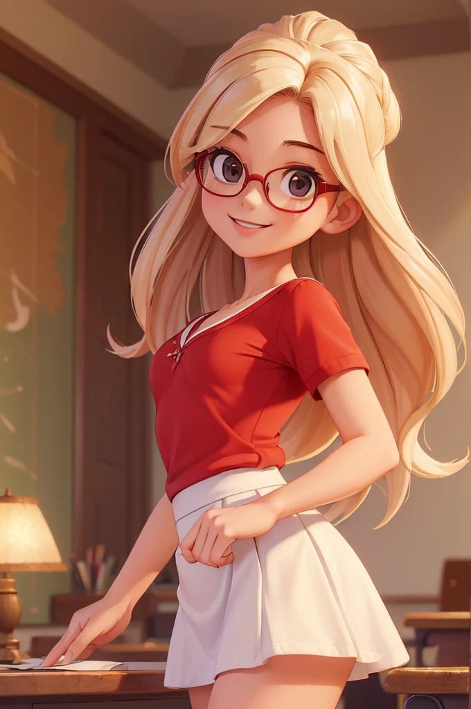 (Small breasts:1.3),(masterpiece, best quality:1.4), (beautiful, Aesthetic, perfect, Beautifully, complex:1.2),((best quality)), ((masterpiece)), (detailed),(high resolution:1.2), classroom, An adult female, Smiling Claudia Cheffer, Red Shirt, White skirt, Glasses, bend over, Viewing angle,