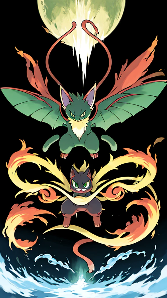 sugimori ken \(style\), psychic-ghost pokemon, cat, 2 colored cat's body, green eyes, 7 tails, 4 tiny wings(masterpiece), high quality, best quality, high-definition, ultra-detailed, large spiked hair, extremely large lenght 7 tails, flying