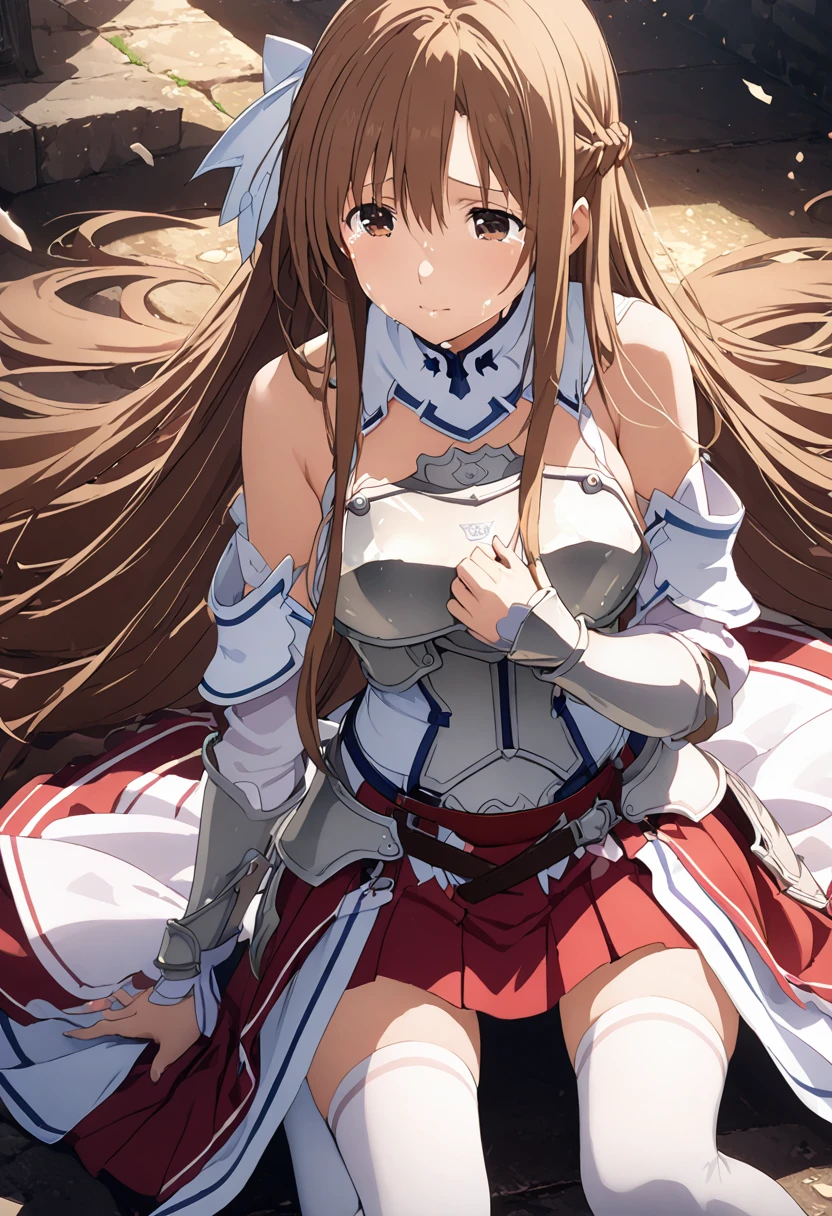 Highest quality、Super detailed、High resolution illustrations、Ultra-high-definition CG、８k size wallpaper、Production Art、Light novel illustrations、asuna yuuki, long hair, brown hair, brown eyes,
skirt, thighhighs, bare shoulders, detached sleeves, armor, white thighhighs, breastplate, red skirt,　Crying、So sad、Crying without hesitation、Cover your face with both hands、