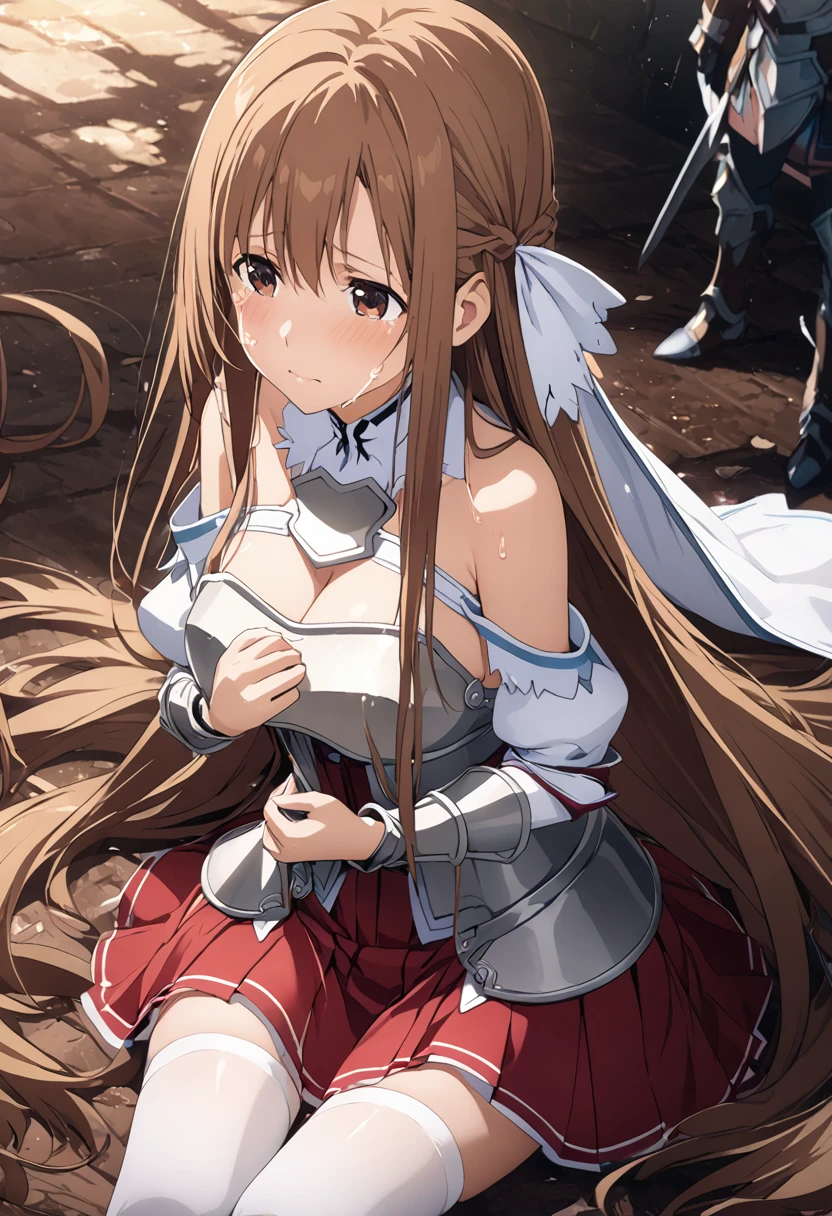 Highest quality、Super detailed、High resolution illustrations、Ultra-high-definition CG、８k size wallpaper、Production Art、Light novel illustrations、asuna yuuki, long hair, brown hair, brown eyes,
skirt, thighhighs, bare shoulders, detached sleeves, armor, white thighhighs, breastplate, red skirt,　Crying、So sad、Crying without hesitation、Cover your face with both hands、