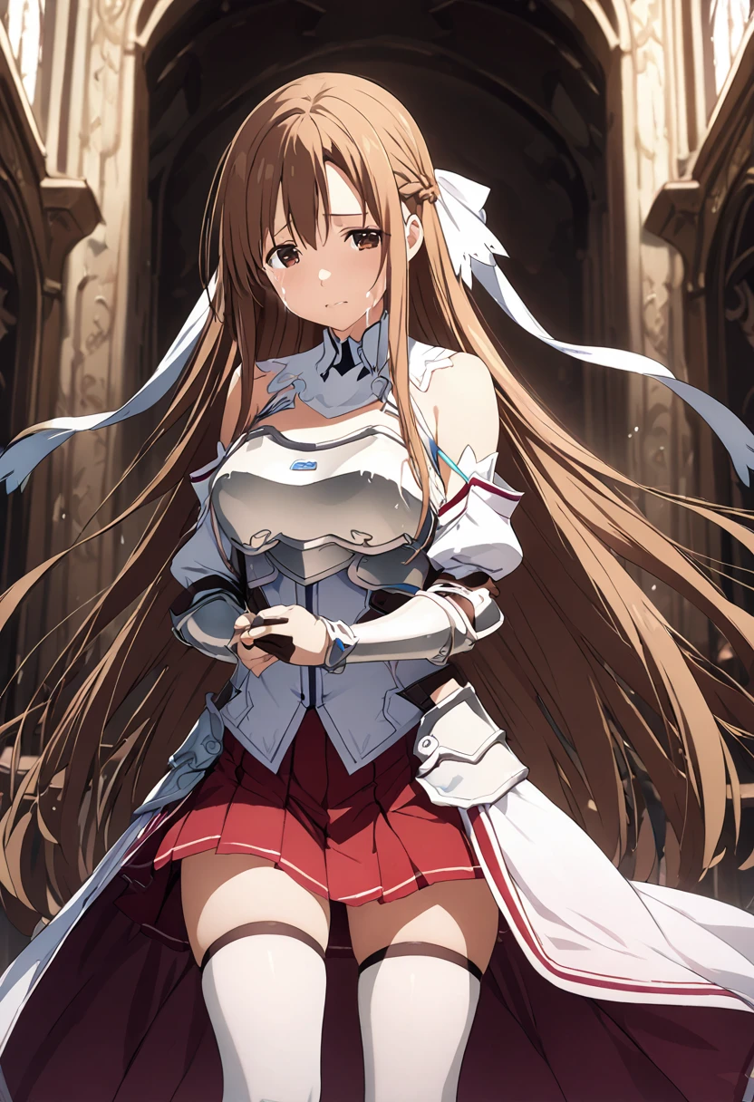 Highest quality、Super detailed、High resolution illustrations、Ultra-high-definition CG、８k size wallpaper、Production Art、Light novel illustrations、asuna yuuki, long hair, brown hair, brown eyes,
skirt, thighhighs, bare shoulders, detached sleeves, armor, white thighhighs, breastplate, red skirt,　Crying、So sad、Crying without hesitation、Cover your face with both hands、