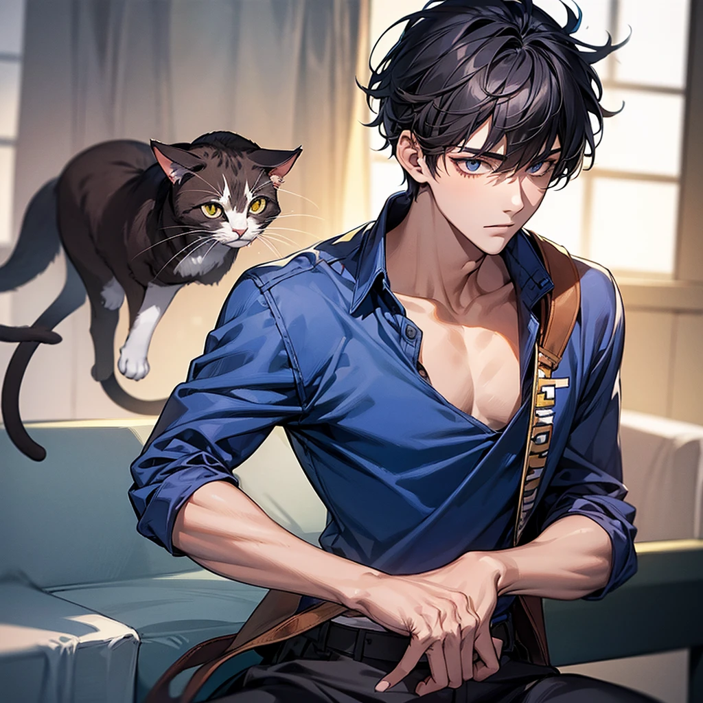 (Dark room, man with dark purple hair, relaxing with a large black wolf on the sofa by the window, :1.5), (masterpiece, top quality, best quality, beautiful illustration, official art,wide angle, beautiful and aesthetic,1 man,:1.5),bathrobe, Bottle of liquor, glass, masterpiece background Midnight, darkness, dark room, dark tone, stylish living room, Moonlight, (only moonlight: 1.5), invincible smile, bewitching, wolf